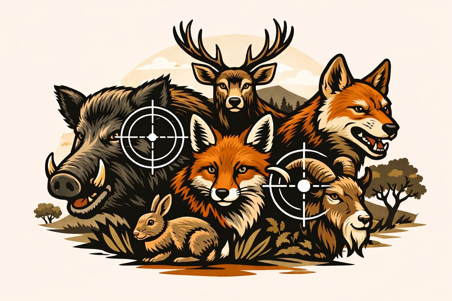 Feral pest species illustration: pig, fox, deer, wild dog, goat and rabbit